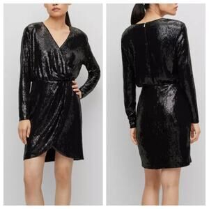 BOSS Mini Dress Black Sequin Faux Wrap Long Sleeve Cocktail